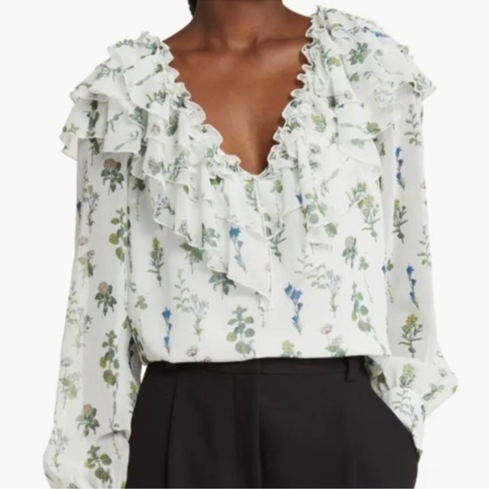 Ted Baker London Floral Ruffle Blouse - White and Green